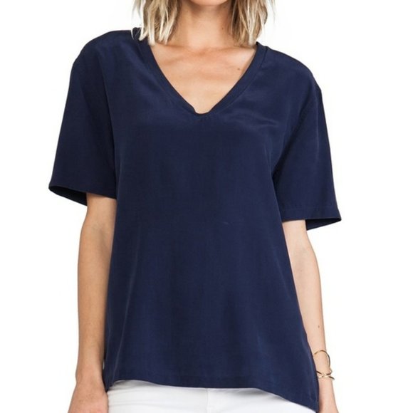 Equipment Tops - EQUIPMENT Cameron Tee Peacoat Navy Blue Silk Short Sleeve V-Neck Blouse Medium